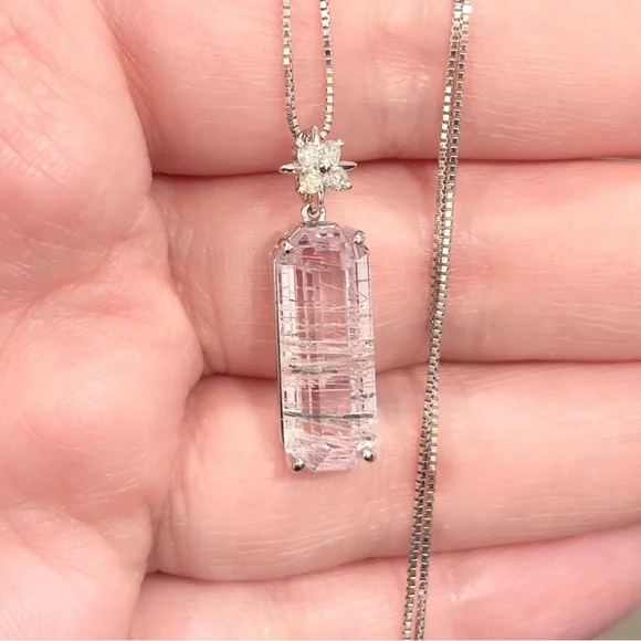 18K Rutilated Rose Quartz Diamond Necklace, White Gold, Floral, Pink Gem, Luxury